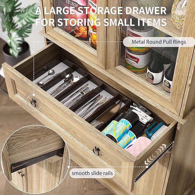 Fatmok 72" Tall Kitchen Pantry Storage Cabinet with Glass Door,Kitchen Hutch Cabinet with 4 Door & 1 Drawer, Farmhouse Food Pantry for Living Room, Dining Room, Office, Natrual