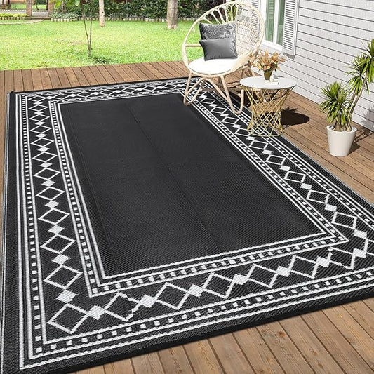 10x14 Large Outdoor Rug,Modern Bordered Plastic Straw Carpet,Waterproof Lightweight Outdoor Carpet,Easy Cleaning Folding Uv Resistant Picnic Camping Mat,Black/White