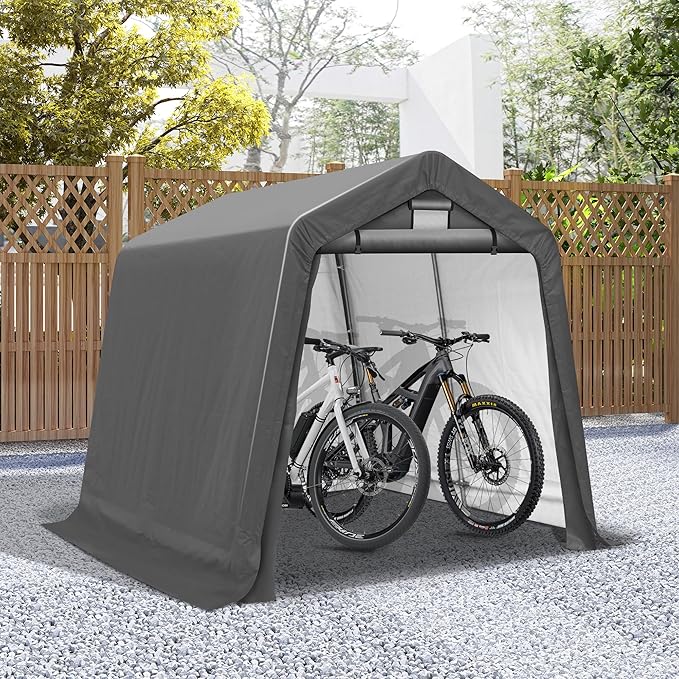 COVERONICS 8' x 8' Outdoor Storage Shed - Heavy Duty Portable Shelter Carport with Ventilation Windows and Roll-up Doors, Storage Shelter Tent for Motorcycle, Bike, Lawnmower and Garden Tools, Grey