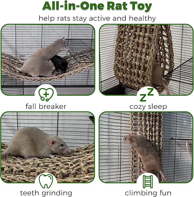 2Pcs 30x7in Rat Climbing Toys for Cage, Chewable Natural Seagrass Mat | with Metal Hooks, Soft Fall Breakers for Rats, Rat Ladder Bridge Toy with Mild Grassy Scent, Rodent Hammock Cage Accessories