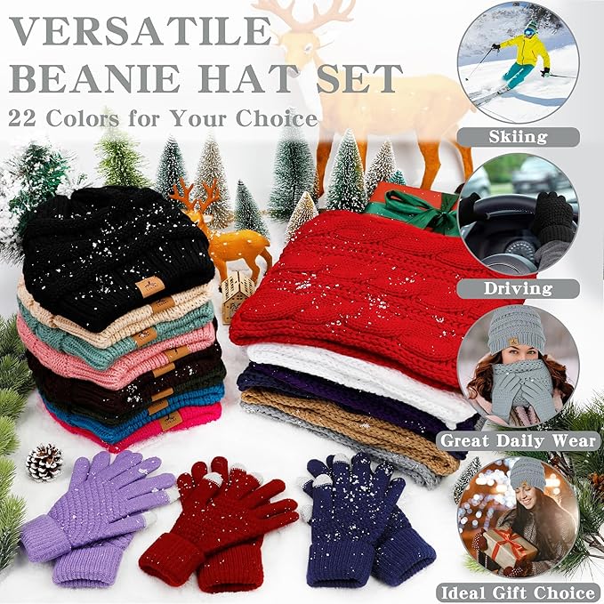 Winter Beanie Hat Scarf Gloves, Warm Fleece Knit Hats Touch Screen Gloves Neck Scarf Set Winter Gifts for Unisex Adult