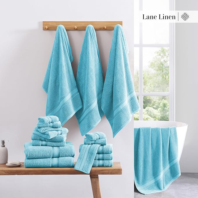 LANE LINEN Towel Set for Bathroom – 12-Pack 100% Ring-Spun Cotton, Zero Twist, Includes 4 Bath, 4 Hand & 4 Washcloth, Suitable for All Body Types, Soft & Quick Dry, Ideal for Airbnb & Spa - Blue