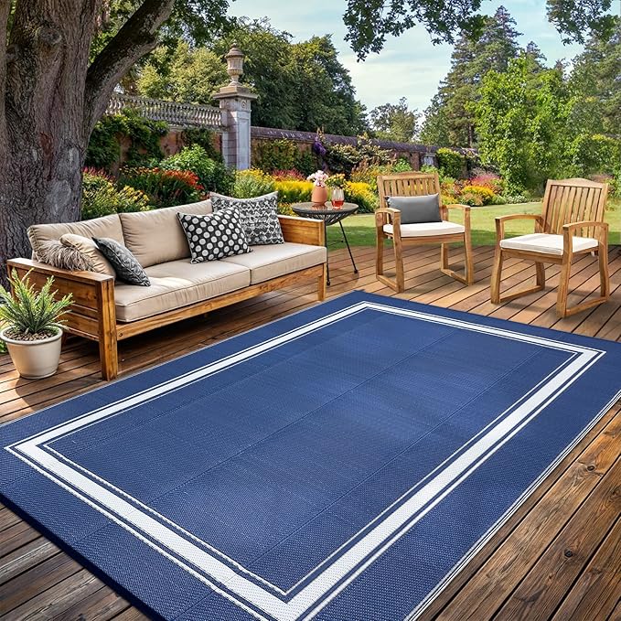Outdoor Rug 9x18 Waterproof Reversible Mat All Weather Outdoor Plastic Straw Rus Carpet UV Resistant Modern Bordered RV Mat Carpet for Patio Deck Balcony Pool Picnic Blue/White