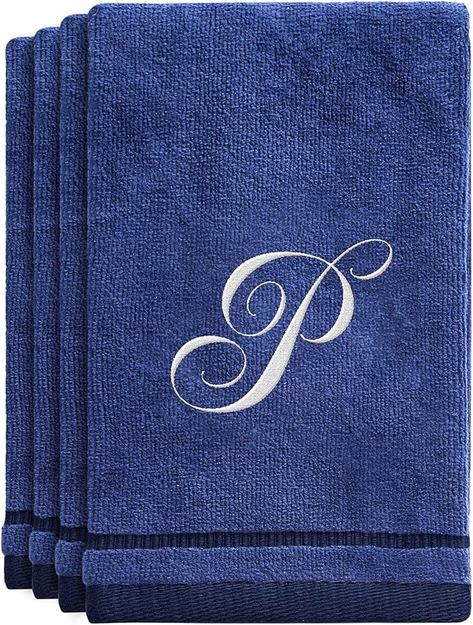 Creative Scents Navy Blue Monogrammed Towels with Initials - 4 Pack Super Absorbent Bathroom Fingertip Cotton Towel with Soft Velour Finish - Personalized Gifts for Freinds & Family 11"x18" Initial P