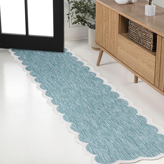 JONATHAN Y Cottage Two-Tone Scalloped Indoor Outdoor Runner Rug 2X8 Turquoise/Cream, Alice Classic for Backyard, Patio, Porch, Easy-Cleaning, High Traffic, Pet-Friendly, Non-Shedding (SHP103D-28)