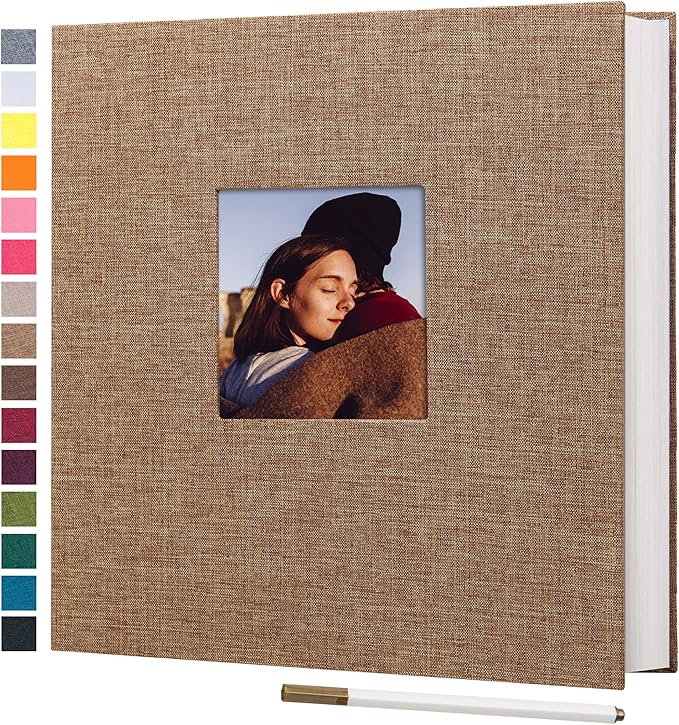 potricher 11x10.6 Inch Self Adhesive Photo Album Linen Cover 80 Pages Sticky 3x5 4x6 5x7 6x8 8x10 8.5x11 Magnetic DIY Scrapbook Photo Album with A Metallic Pen (Khaki)