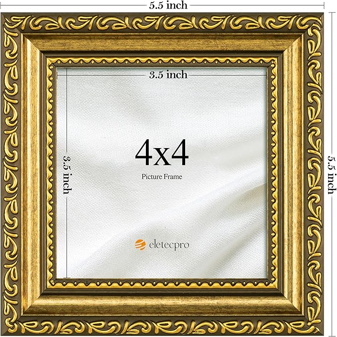 eletecpro 4x4 Picture Frames Set of 4, Ornate Vintage Photo Frames with Glass, Rustic Gold Frame Displays 4x4 Photo for Tabletop, Gold