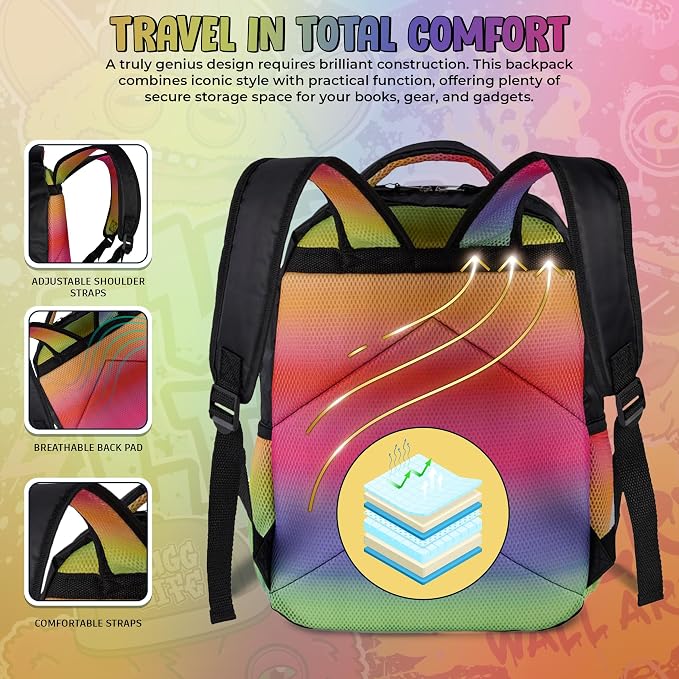 AI ACCESSORY INNOVATIONS Fuggler Backpack with Big Face Oogah Boogah Character, Rainbow Gradient, 16 Inch, Polyester, 3 Pockets, Adjustable Straps, for Kids Ages 5-12