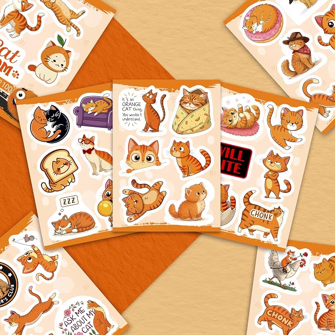 100Pcs Orange Cat Stickers for Water - Orange Cat Psrty Favors & Decorations - Pet Stickers - Gift for Women & Men