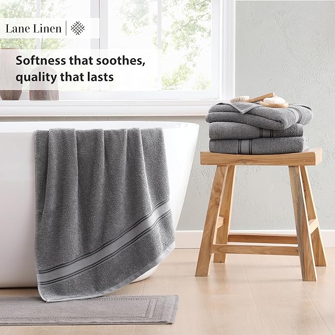 LANE LINEN Towel Set of 12 – 100% Ring-Spun Cotton, Zero Twist, 4 Large Bath Towel, 4 Hand Towels & 4 Wash Cloths, Quick Dry & Long-Lasting, Perfect for Family Bathrooms, Easy Care – Cool Grey