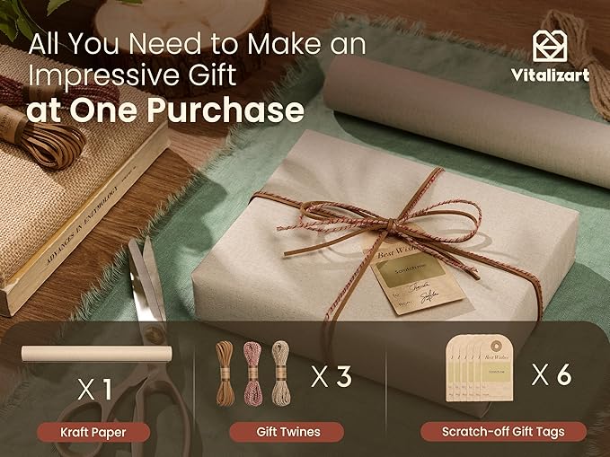Vitalizart Textured Wrapping Paper Set 30" Roll Twine Ribbons & Tags Extra Thick All-in-One Neutral Beige Kraft Christmas Gift Wrap Birthday Baby Shower Wedding Crafts Vintage Minimalist Housewarming Flower Book