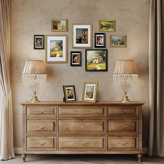 eletecpro 12x16 Picture Frames Set of 4, Vintage Photo Frame with Glass, Ornate Gold Frames 12 by 16 Display 8.5x11 Photo with Mat or 12x16 without Mat for Home Wall Decor, Gold