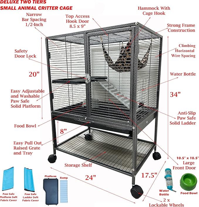 Deluxe 2-Levels Large Small Animal Critter Cage On Wheels | Tight 1/2-inch Wire Spacing, Durable Large Front Doors, For Ferret Hammock Chinchilla Cat Sugar Glider, Home Storage Shelf