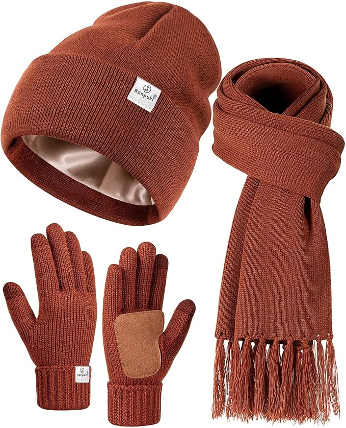Womens Satin Lined Beanie Scarf Gloves Set, Silk Lined Winter Hats Knit Scarf Gloves, Gift Set Stocking Stuffers For Women
