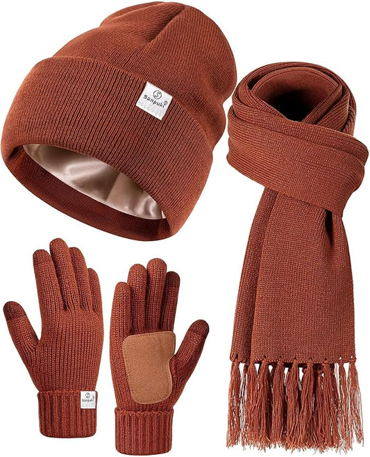 Womens Satin Lined Beanie Scarf Gloves Set, Silk Lined Winter Hats Knit Scarf Gloves, Gift Set Stocking Stuffers For Women