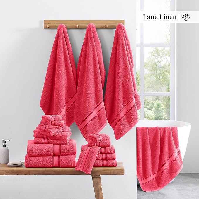 LANE LINEN Towels for Bathroom – 18 Pack, 100% Ring-Spun Cotton, Zero Twist, 6 Bath, 6 Hand Towel & 6 Wash Cloths, Highly Absorbent, Luxury Hotel & Spa Quality, Machine Washable – Honeysuckle