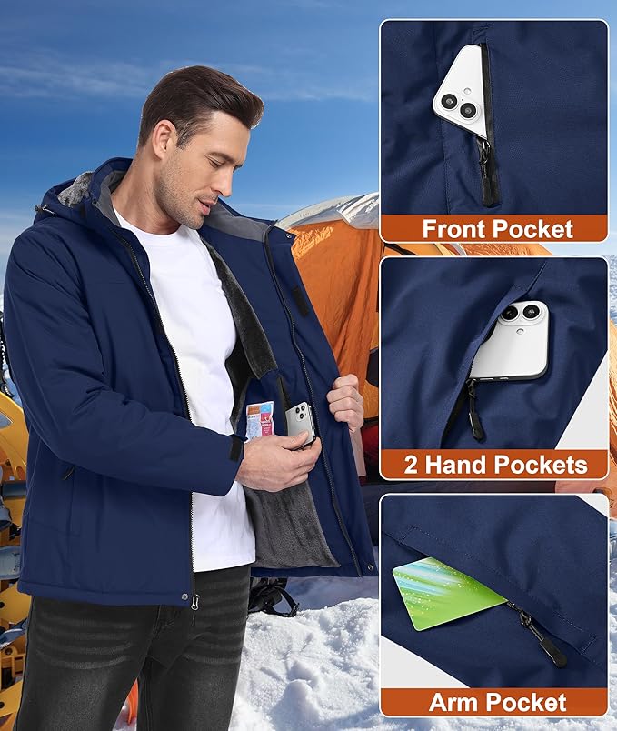 Mens Winter Snow Jacket Waterproof Ski Jackets Snowboard Rain Warm Coat Insulated Hood Fleece Lined