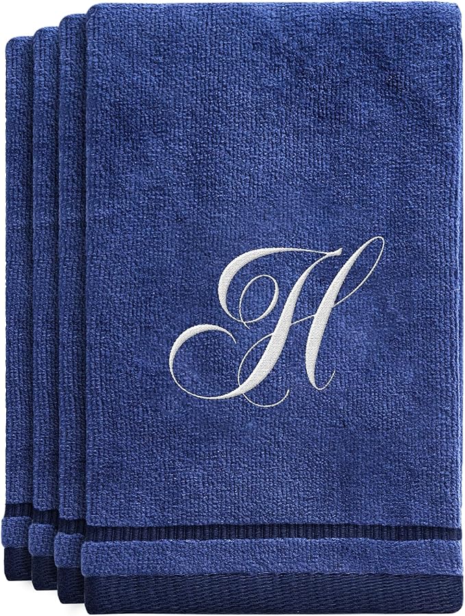 Creative Scents Navy Blue Monogrammed Towels with Initials - 4 Pack Super Absorbent Bathroom Fingertip Cotton Towel with Soft Velour Finish - Personalized Gifts for Freinds & Family 11"x18" Initial H