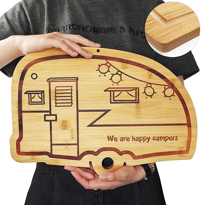 Happy Camper Bamboo Large Cutting Board, Rv Wooden Stove Top Cover Noodle Board,Meat Cutting Board for BBQ, Carving Board for Turkey,Large Charcuterie Board,RV Kitchen Decoration