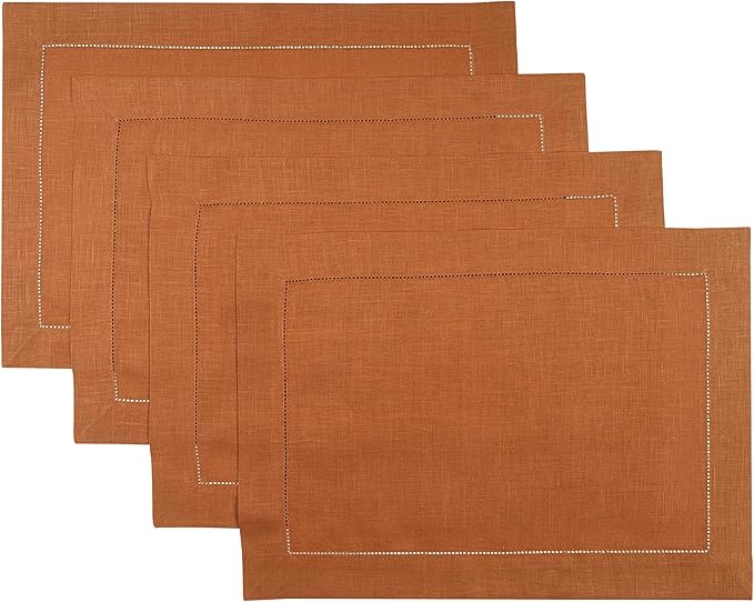 D'Moksha Homes Rust Linen Placemats Set of 4 - Classic Hemstitch Placemats 14 x 19 Inch - 100% Pure Linen Table Mats for Fall, Thanksgiving, Holiday - Handcrafted and Machine Washable