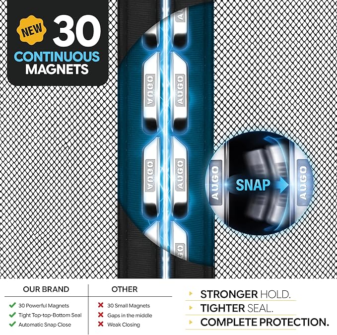 AUGO Magnetic Fiberglass Screen Door - Self Sealing, Heavy Duty, Hands Free Mesh Partition Keeps Bugs Out - Door Screen Magnetic Closure - Patent Pending Keep Open Feature - 34 Inch x 81 Inch