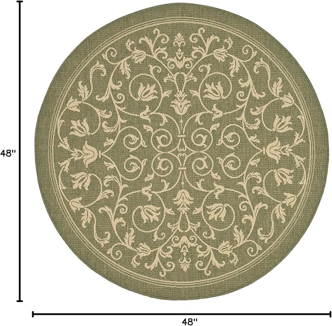 SAFAVIEH Courtyard Collection 4' Round Olive / Natural CY2098 Scroll Indoor/ Outdoor Waterproof Easy Cleaning Patio Backyard Mudroom Area Rug
