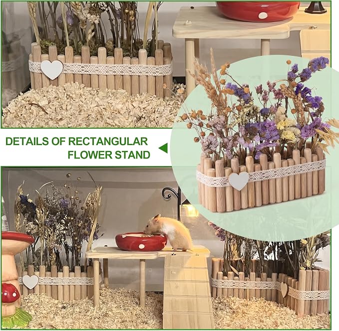 Hamster Cage Sprays Flower Foraging Holder - Natural Wood Feeding Stand, Small Pet Habitat Accessories for Hamsters Mouse Guinea Pig Dwarf Gerbils Syrian Mice (Lace - Rectangle)