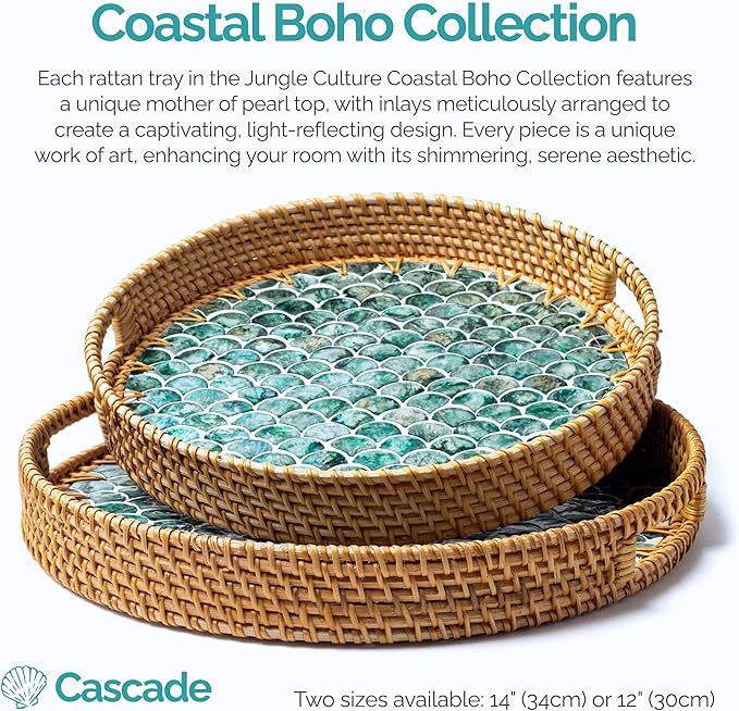 JUNGLE CULTURE Large Rattan Serving Tray 14" with Mother of Pearl Inlay • Coastal Boho Collection • Handcrafted Serving Tray with Handles • Round Woven Table Trays for Home • Wicker Basket – Cascade