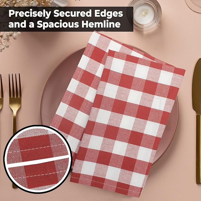 Urban Villa Cloth Napkins 100% Cotton Dinner Napkins Highly Absorbent 20x20 Inches (Set of 12) Rust Buffalo Checks Reusable Washable Soft Durable Premium Napkins Ideal for Home Wedding Parties