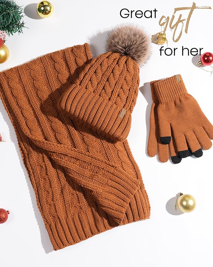 FURTALK Womens Winter Hat Gloves Scarf Set Fleece Knit Pom Beanie Warm Neck Warmer Touchscreen Gloves 3 in 1 Gift Set