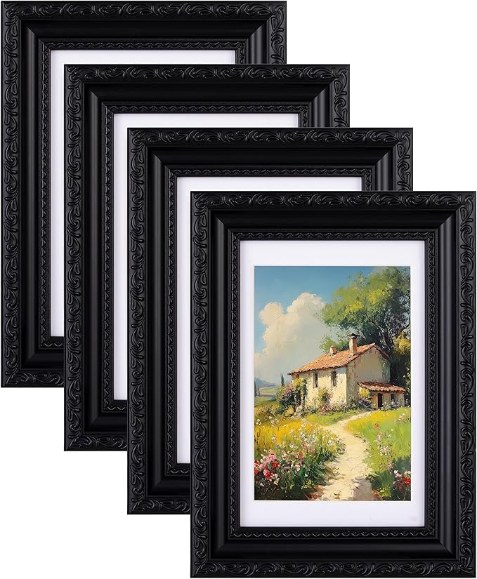 eletecpro 4x6 Picture Frames Set of 4, Ornate Vintage Photo Frames with Glass, Display 3.5x5 Photo with Mat or 4x6 without Mat for Tabletop or Wall Decor, Black