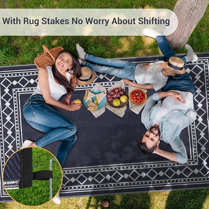 10x14 Large Outdoor Rug,Modern Bordered Plastic Straw Carpet,Waterproof Lightweight Outdoor Carpet,Easy Cleaning Folding Uv Resistant Picnic Camping Mat,Black and Blue/White