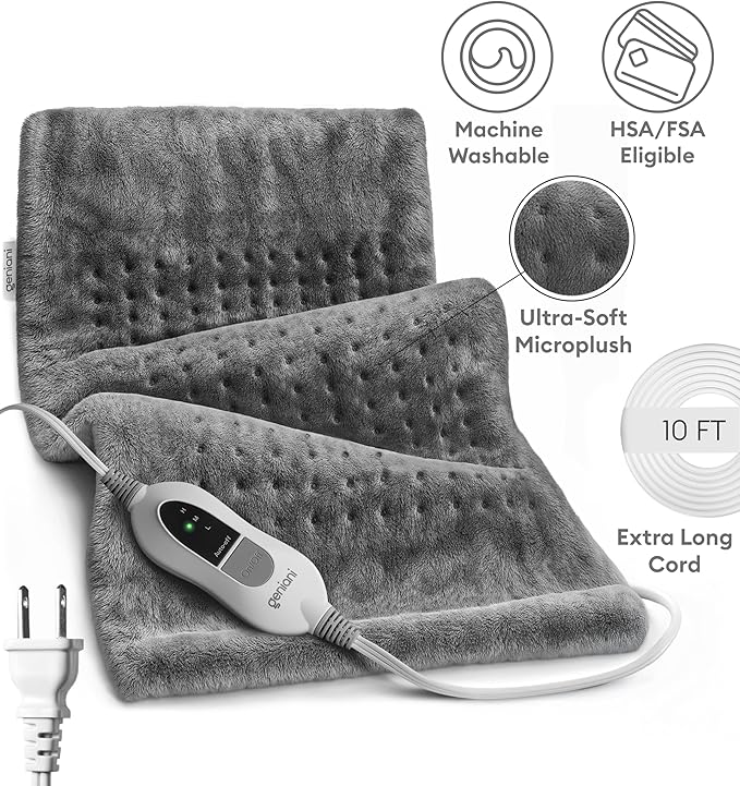 GENIANI Electric Throw - XXL 18"x26" Heating Pad for Back Pain & Cramps Relief, Auto Shut Off, Machine Washable, Heat Pad, for Women, Men, Heat Patches (Tabby Gray)