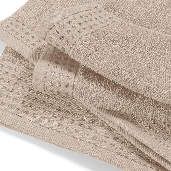 GLAMBURG Towels for Bathroom, 100% Cotton Towel Set, Contains 8 Soft Bath Towel, 8 Hand Towels, 8 Wash Cloths - Compact Absorbent Lightweight & Quickdry - 24 Piece Bathroom Towel Set - Tan