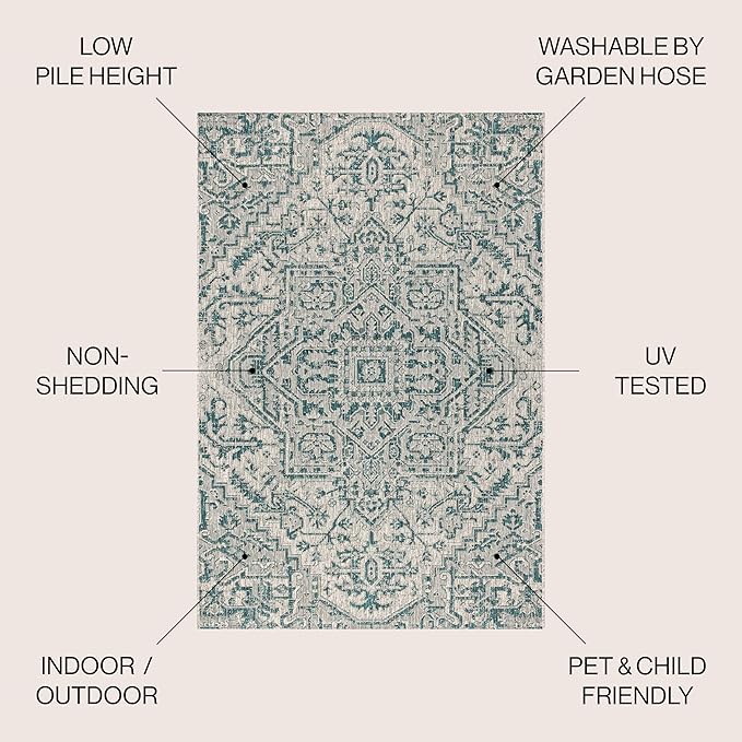 JONATHAN Y Boho Medallion Indoor Outdoor Area Rug 4X6 Teal/Gray, Estrella Textured Weave for Backyard, Patio, Porch, Easy-Cleaning, High Traffic, Pet-Friendly, Non-Shedding (SMB105C-4)