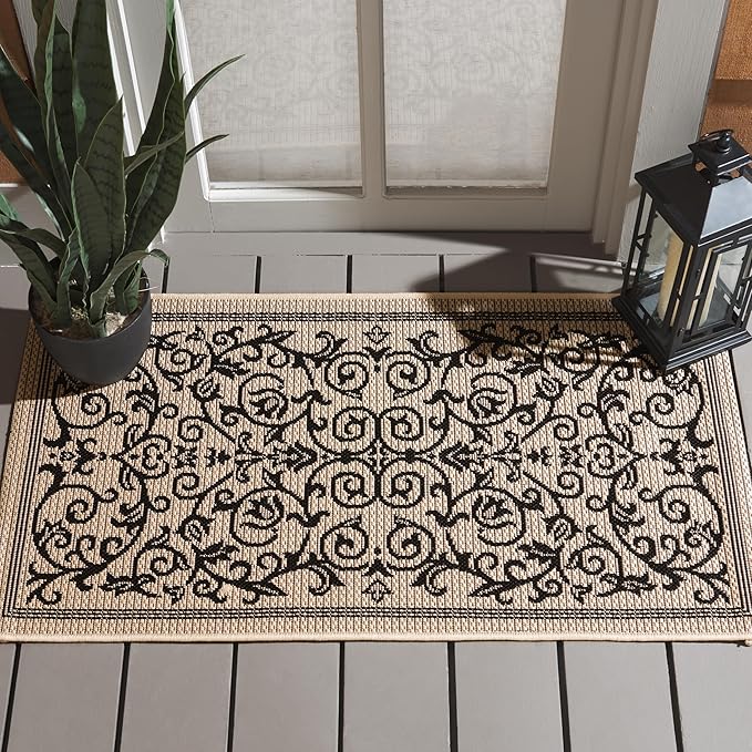 SAFAVIEH Washable Rug Outdoor Courtyard Collection - 2' x 3'7", Sand & Black, Non-Shedding & Easy Cleaning, Ideal for Patio, Front Door, Entryway, Doormat (CY2098-3901)