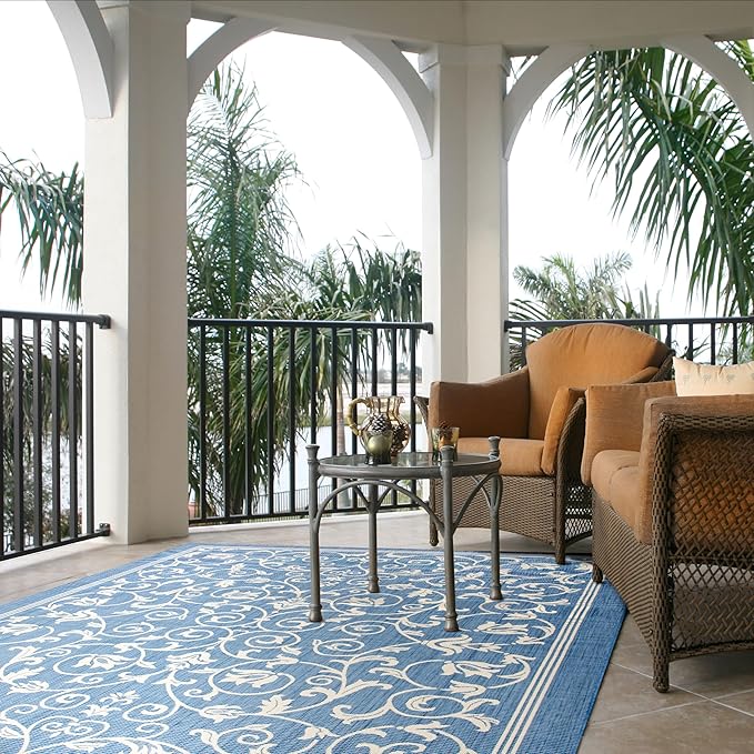 SAFAVIEH Washable Rug Outdoor Courtyard Collection - 8' x 11', Blue & Natural, Non-Shedding & Easy Cleaning, Ideal for Patio, Backyard, Mudroom (CY2098-3103)