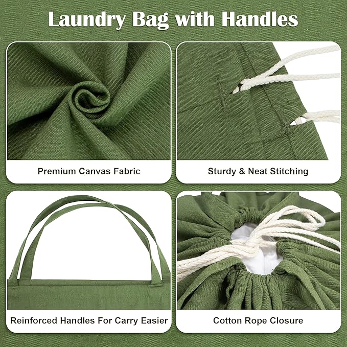 Canvas Laundry Bags with Handles & Rectangular Base, 90L Extra Large Heavy Duty Laundry Basket Hamper Liner Replacement, Washable Cotton Drawstring Dirty Clothes Bag (Army Green)