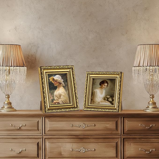 eletecpro 4x4 Picture Frames Set of 4, Ornate Vintage Photo Frames with Glass, Rustic Gold Frame Displays 4x4 Photo for Tabletop, Gold