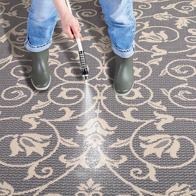 SAFAVIEH Washable Rug Outdoor Courtyard Collection - 5'3" x 7'7", Grey & Natural, Non-Shedding & Easy Cleaning, Ideal for Patio, Backyard, Mudroom (CY2098-3606)
