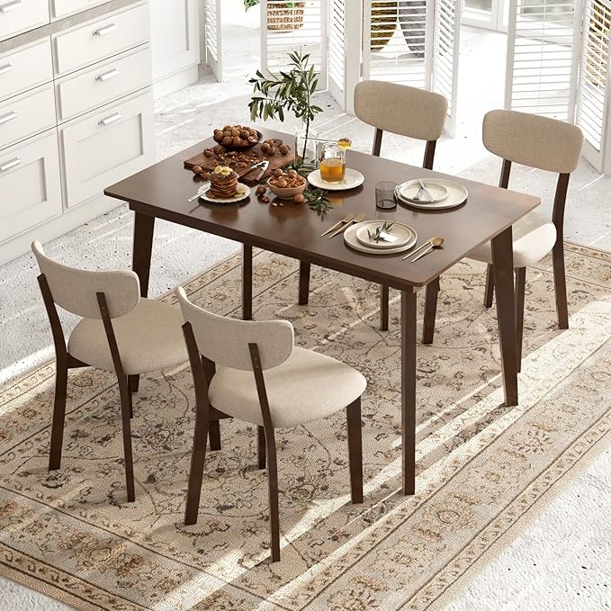GOFLAME 5-Piece Dining Table Set for 4, Farmhouse Kitchen Table & 4 Upholstered Chairs with Rubber Wood Frame, Padded Seat, Curved Backrest, Space-Saving Dinette Set for Dining Room, Small Space