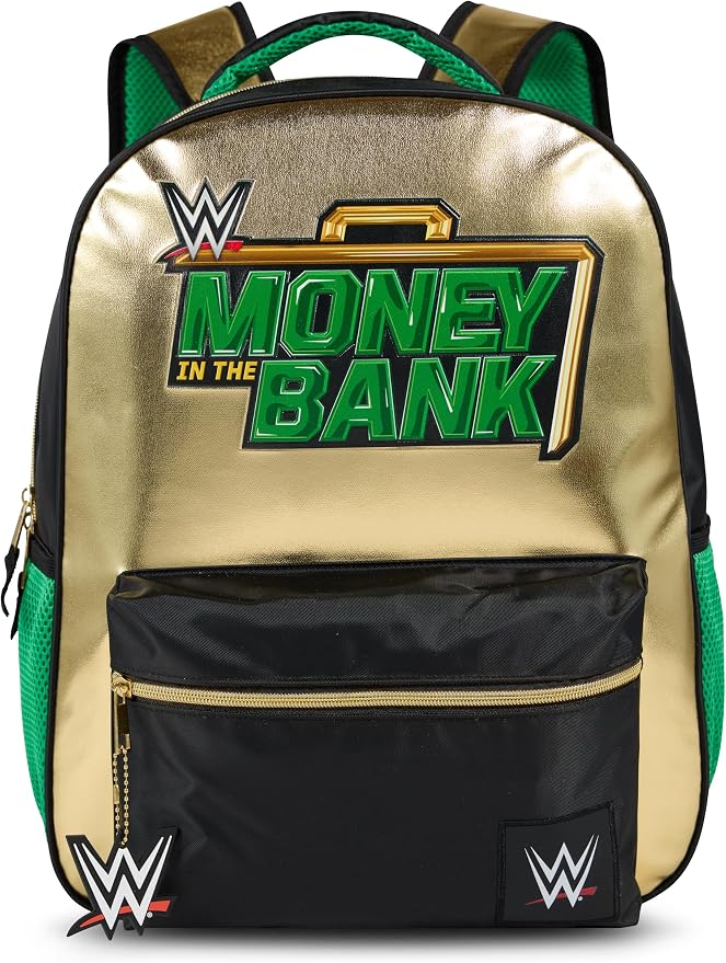 AI ACCESSORY INNOVATIONS WWE Money in the Bank Backpack for Kids & Adults, 16” Wrestling Bookbag with Rubber Molded Logo Dangle, Gold