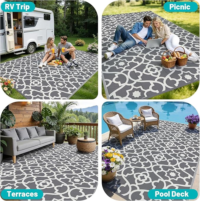HEBE Outdoor Rug Waterproof 8x10, Plastic Straw Rug Camping Rug, Reversible Outdoor Patio Rugs RV Mat Clearance, Indoor Outside Floor Carpet for Porch,Deck,Camper,Balcony,Backyard