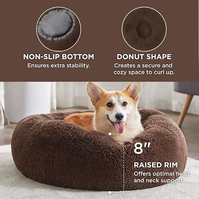 Bedsure Calming Dog Bed Medium Large Size Dogs Washable Pet Bed,33ins | Fluffy Faux Fur Round Donut Cuddler,Machine Washable,Anti-Slip Bottom,Anti-Anxiety,Deep Sleeping for Pets Up to 65 Lbs,Coffee