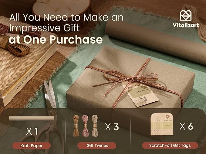 Vitalizart Textured Wrapping Paper Set 17" Roll Twine Ribbons & Tags Extra Thick All-in-One Neutral Tan Kraft Christmas Gift Wrap Birthday Baby Shower Wedding Crafts Vintage Minimalist Housewarming Flower Book