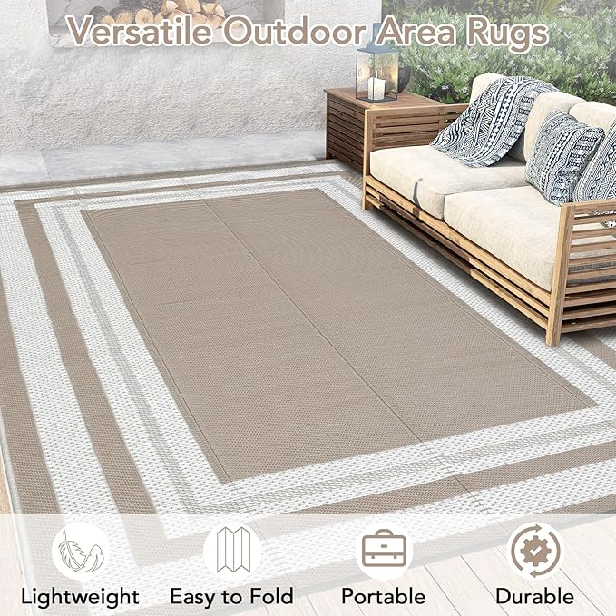 Patio Modern Border Outdoor Rug 10x14 Waterproof Large Reversible Camping Mat Foldable Lightweight Plastic Straw Outdoor Rug for Deck, Picnic, Porch, Camper, Balcony, Beach, Rv，Light Brown