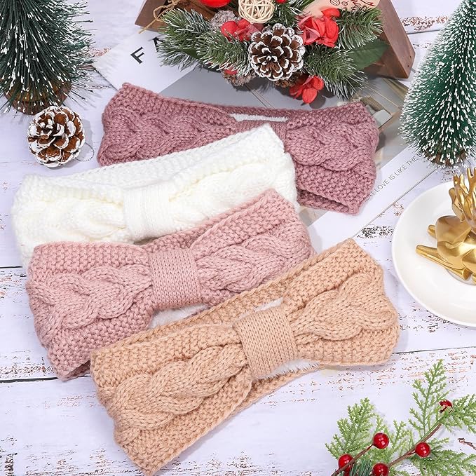 Whaline 4 Pack Twisted Knit Headband Winter Knotted Head Wraps Fuzzy Lined Headband Thick Crochet Turban Ear Warmer Elastic Hair Band Accessories for Women (White, Pink, Purple)