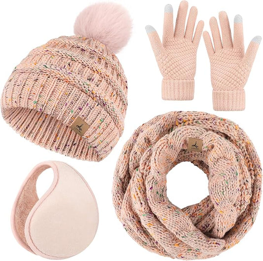 Winter Hat Scarf Gloves and Ear Warmer, Warm Knit Beanie Hat Touch Screen Gloves Set Winter Gifts Neck Scarves for Women