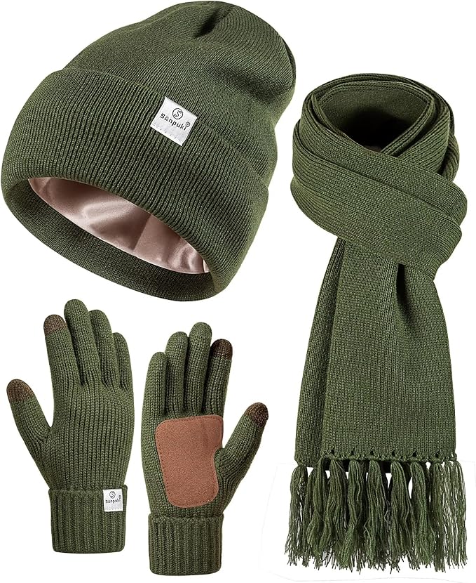 Womens Satin Lined Beanie Scarf Gloves Set, Silk Lined Winter Hats Knit Scarf Gloves, Gift Set Stocking Stuffers For Women