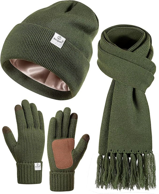 Womens Satin Lined Beanie Scarf Gloves Set, Silk Lined Winter Hats Knit Scarf Gloves, Gift Set Stocking Stuffers For Women